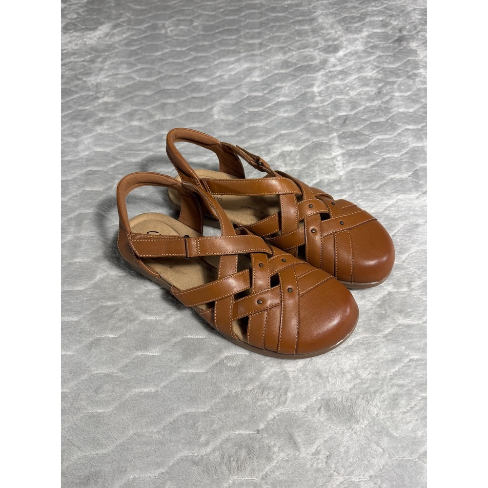 Clarks Collection Tan Brown Leather Strappy Fisherman Sandals Women 9 M Flat